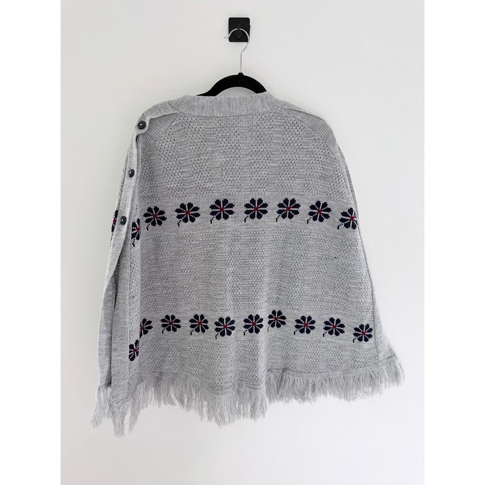 Grey Blue Knit Floral Fringe Button Poncho-One Size - Picture 4 of 4